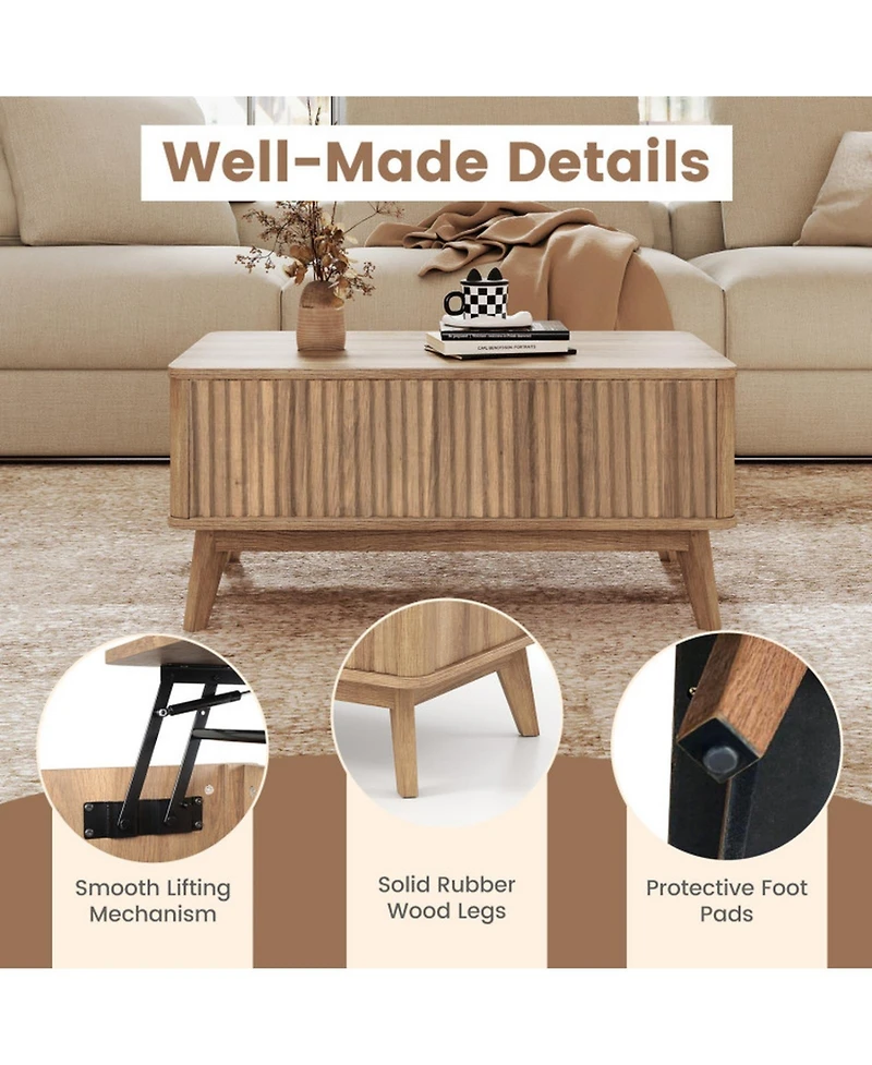 Gouun 35.5 in Fluted Lift-Top Coffee Table with Hidden Storage