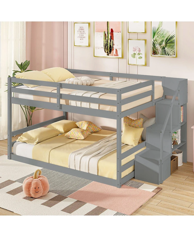 Gouun Solid Wood Full Over Full Low Bunk Bed with Storage Stairs