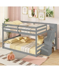 Gouun Solid Wood Full Over Full Low Bunk Bed with Storage Stairs