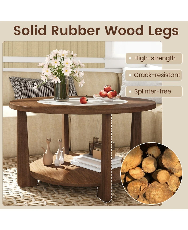 Gouun 31.5 in Farmhouse Round Coffee Table with 2-Tone Top and Storage Shelf