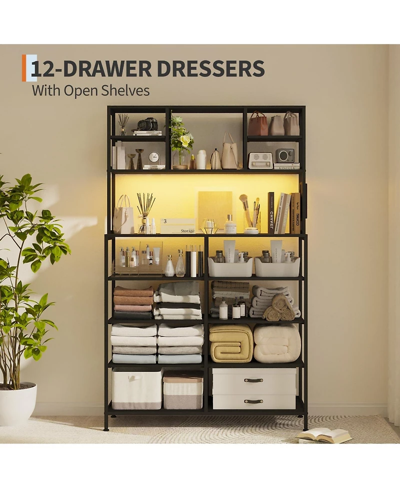 gaomon Dresser for Bedroom, 12-Drawer Fabric Chest with Led Lighting, Power Outlet and Open Shelves