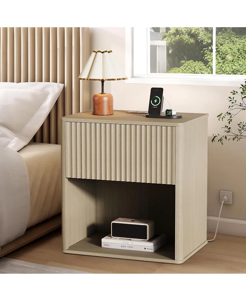 gaomon Fluted Nightstands Set 2 Side Tables with Charging Station and Led Light Modern Mid Century End Table with Drawer Farmhouse Bed Side Tables