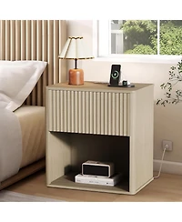 gaomon Fluted Nightstands Set 2 Side Tables with Charging Station and Led Light Modern Mid Century End Table with Drawer Farmhouse Bed Side Tables