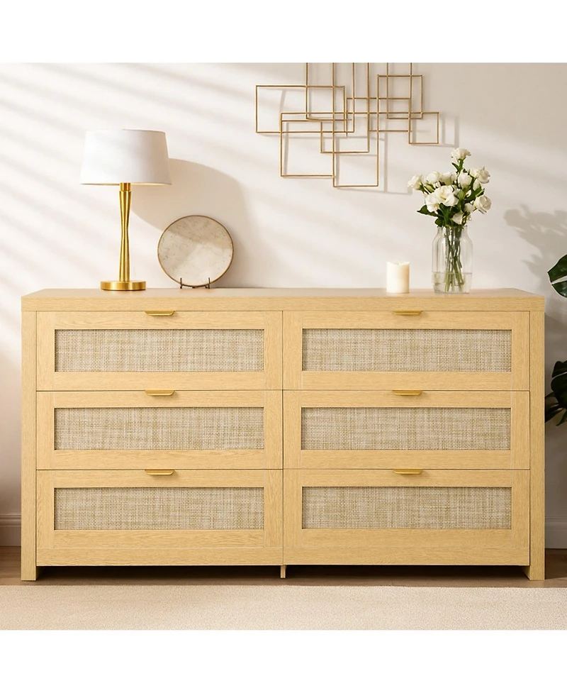 Sugift 6 Drawer Rattan Dresser, Natural Rattan Chest with Metal Handle for Bedroom