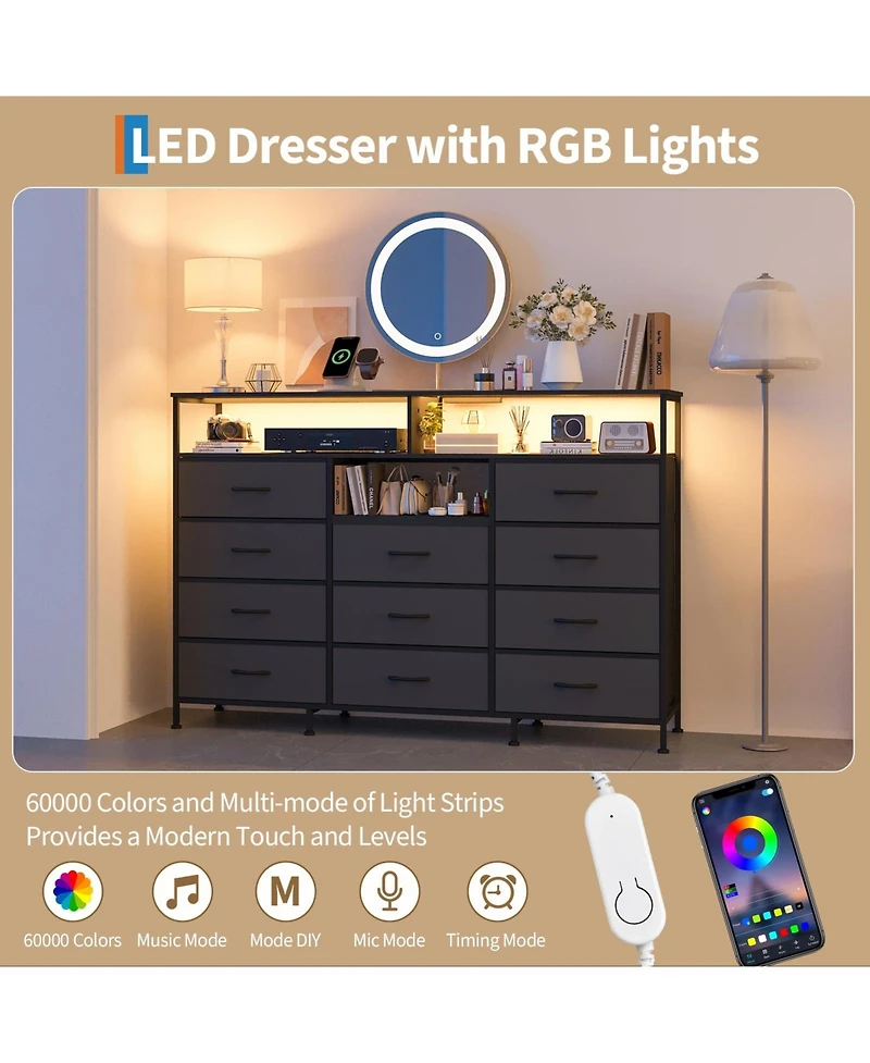 gaomon Dresser for Bedroom with 11 Drawers Featuring Led Light and Power Outlet