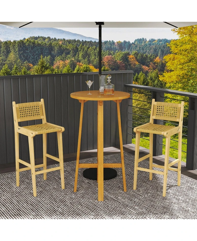 Gouun Teak Wood Patio Bar Stool with Woven Rattan Backrest and Seat