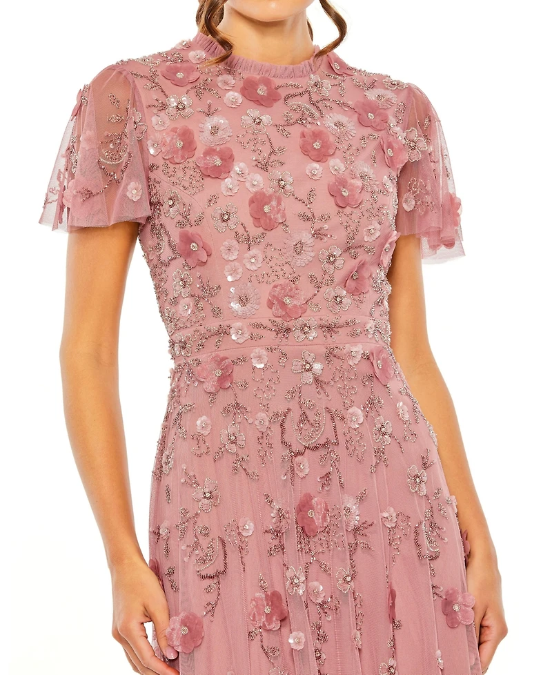 Mac Duggal Petite Embellished High Neck A-Line Dress with Flutter Sleeves