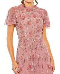 Mac Duggal Petite Embellished High Neck A-Line Dress with Flutter Sleeves