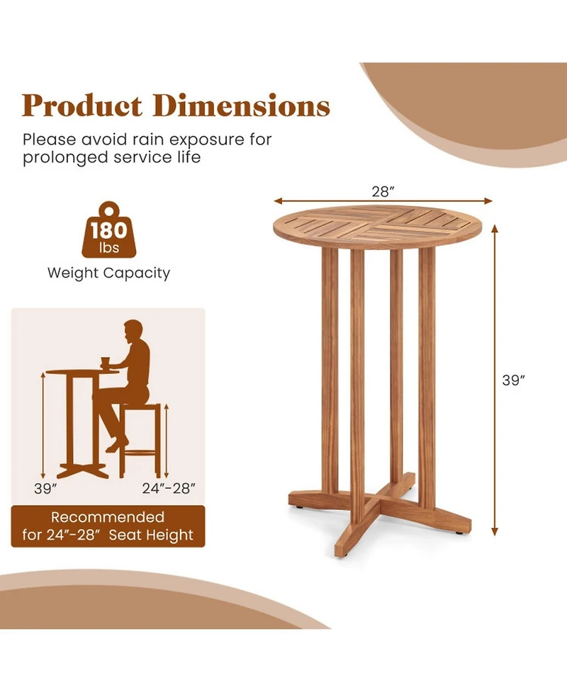Gouun 39 in Acacia Wood Round Outdoor Bar Table with Slatted Top
