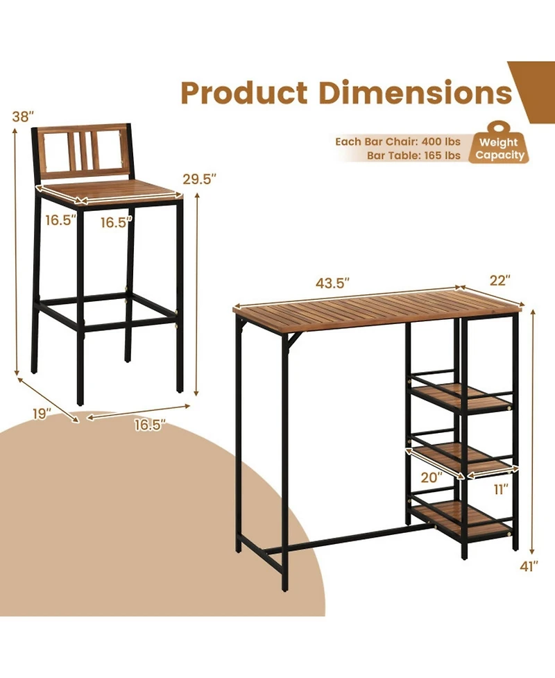 Gouun 3-Piece Acacia Wood Outdoor Bar Set with 3-Tier Storage Shelf and Metal Frame