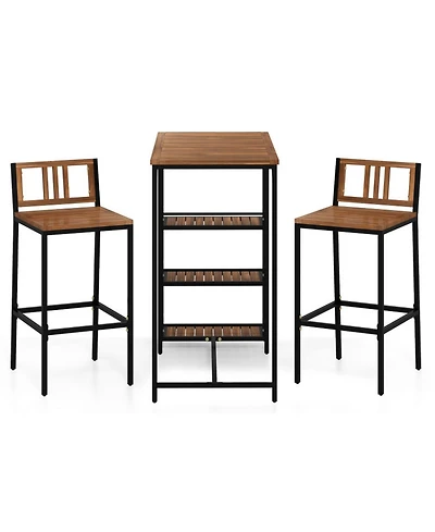 Gouun 3-Piece Acacia Wood Outdoor Bar Set with 3-Tier Storage Shelf and Metal Frame