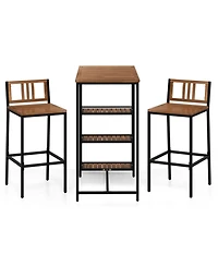 Gouun 3-Piece Acacia Wood Outdoor Bar Set with 3-Tier Storage Shelf and Metal Frame