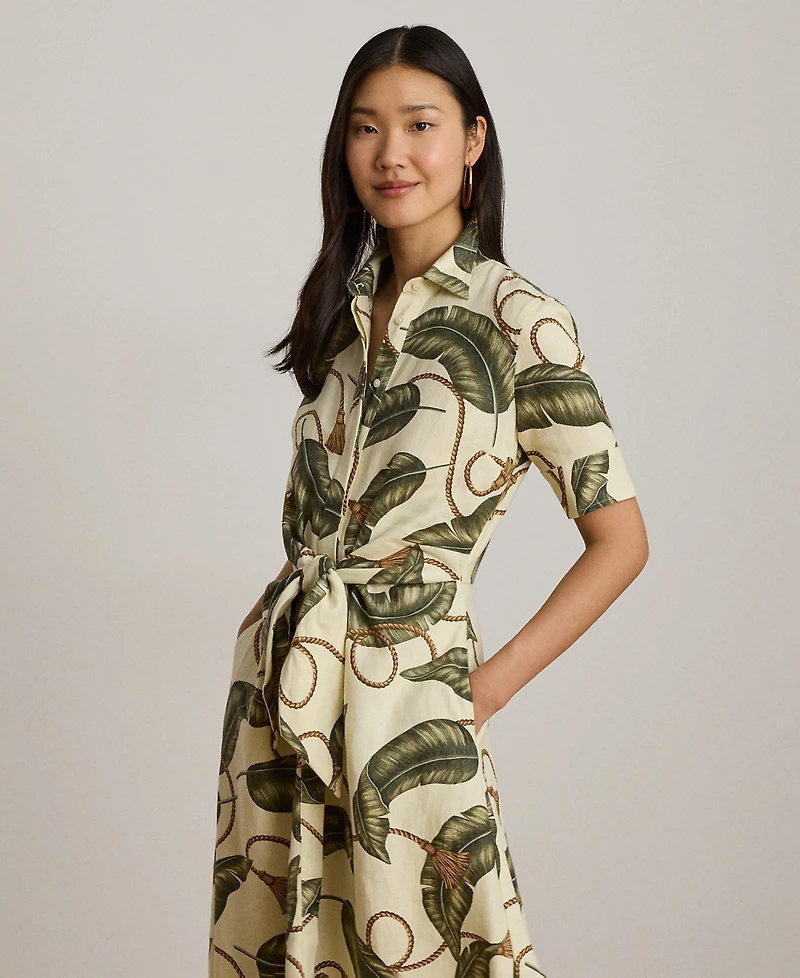 Lauren Ralph Petite Point Collar Rope-Print Tie-Front Shirt Dress