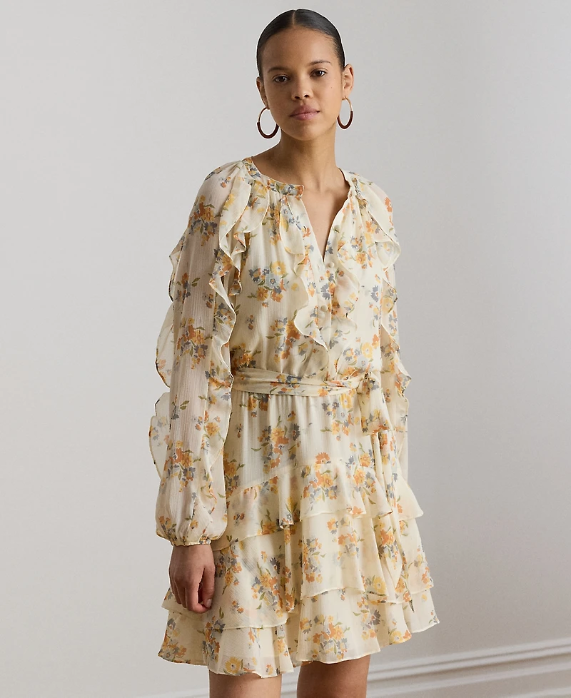Lauren Ralph Petite Band Collar Floral Ruffle-Trim Tiered Dress