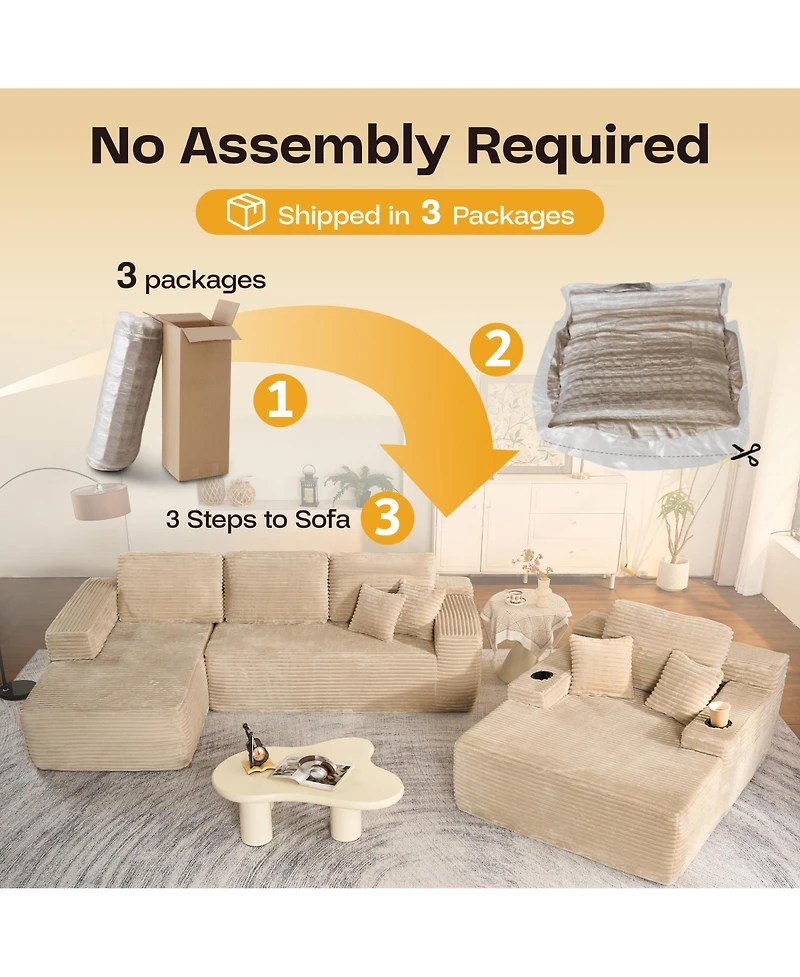 Xizzi 3-Piece L-Shaped Cloud Sectional Sofa with Oversized Chaise Lounge, No-Assembly Living Room Furniture Set, Plush Modular Couch and Comfy Chair