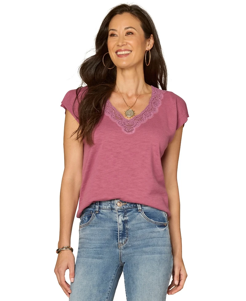 Democracy Petite V-Neck Short-Sleeve Sweater