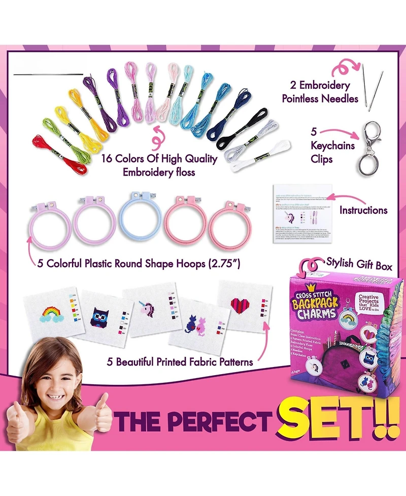 Gnuadz 5 kits Cross Stitch Backpack Charms Keychains Embroidery Kit Beginners Kids Needlepoint Craft