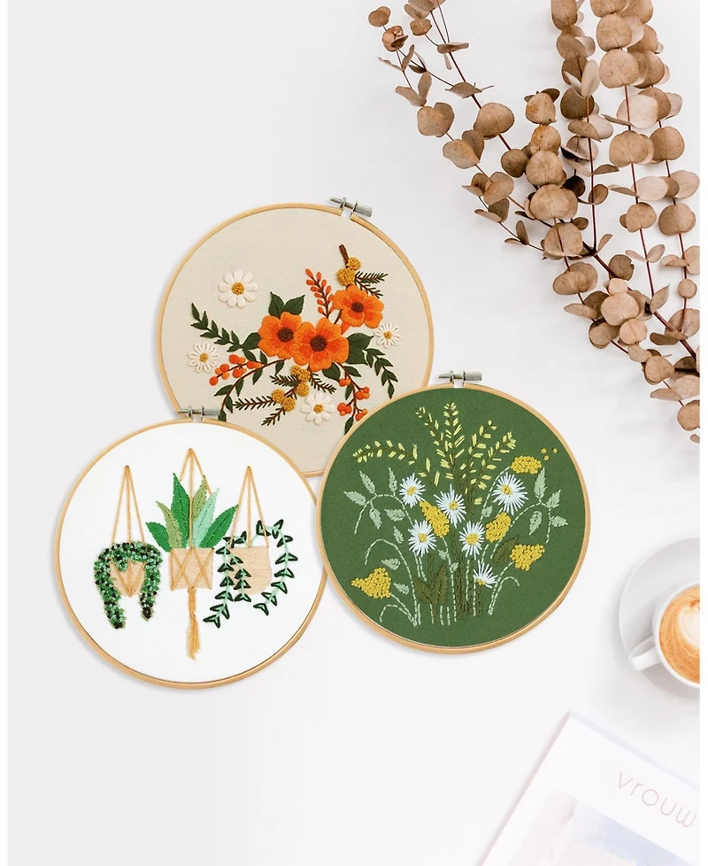 Gnuadz 3 sets Embroidery Kit Beginners Needlepoint Cross Stitch Diy Floral Pattern Hoop Thread Pothos Series