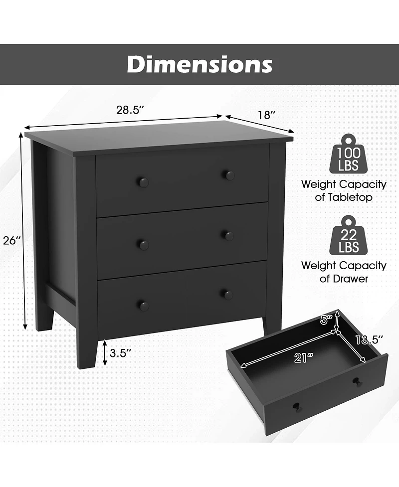 Slickblue 3 Drawer Bedside Dresser Chest for Bedroom Storage