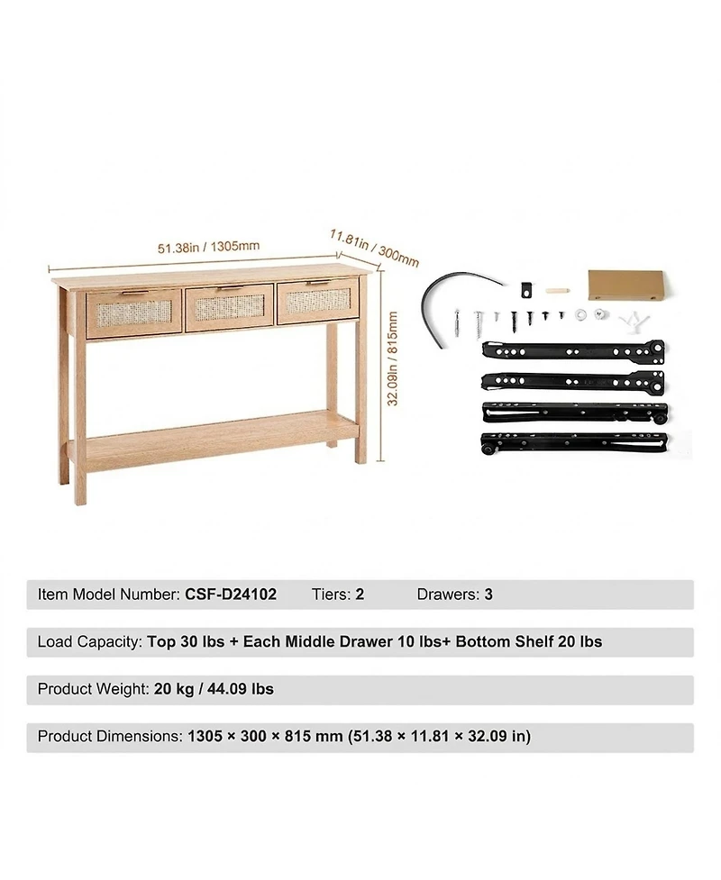 Sugift Rattan Console Table, 3 Storage Drawers, for Entryway, Living Room