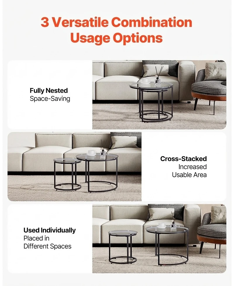 Sugift Nesting Coffee Table Set of 2, 23.6" Round Glass Tables for Small Spaces