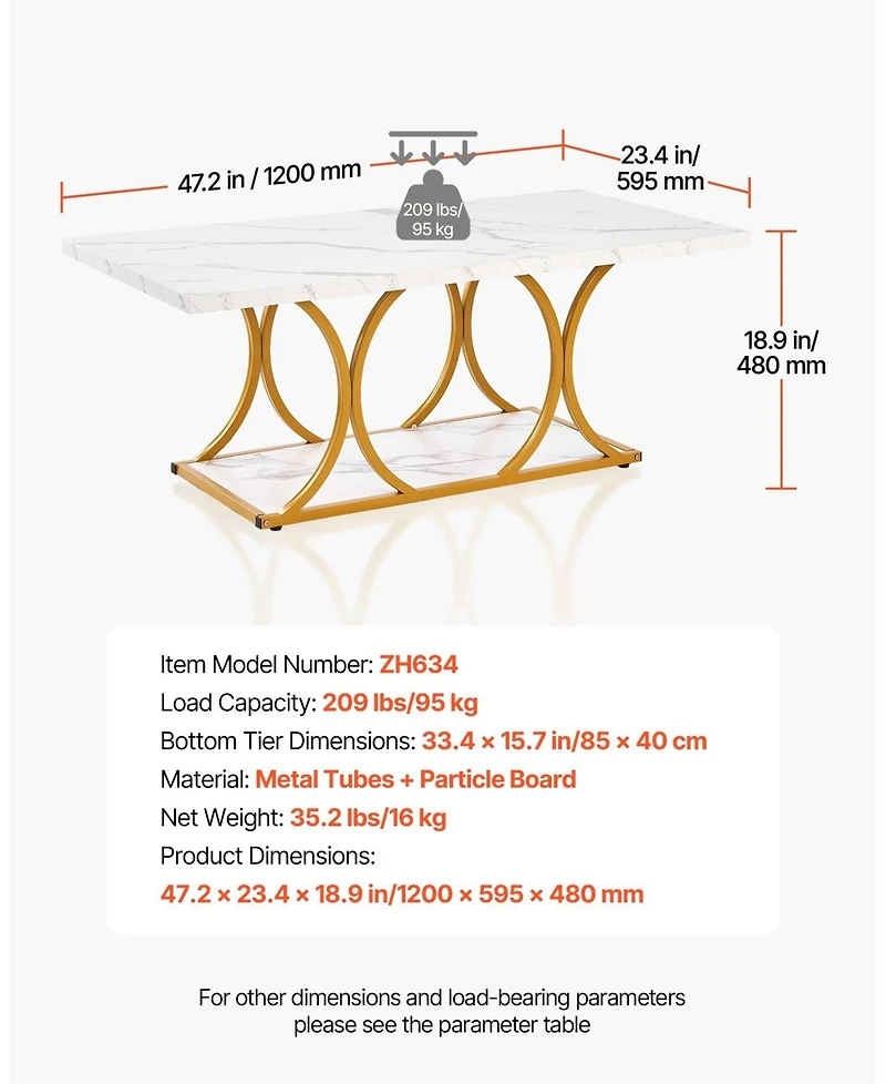 Sugift Coffee Table, Modern Faux Marble, Large 2-Tier Rectangle Desk with Metal Frame