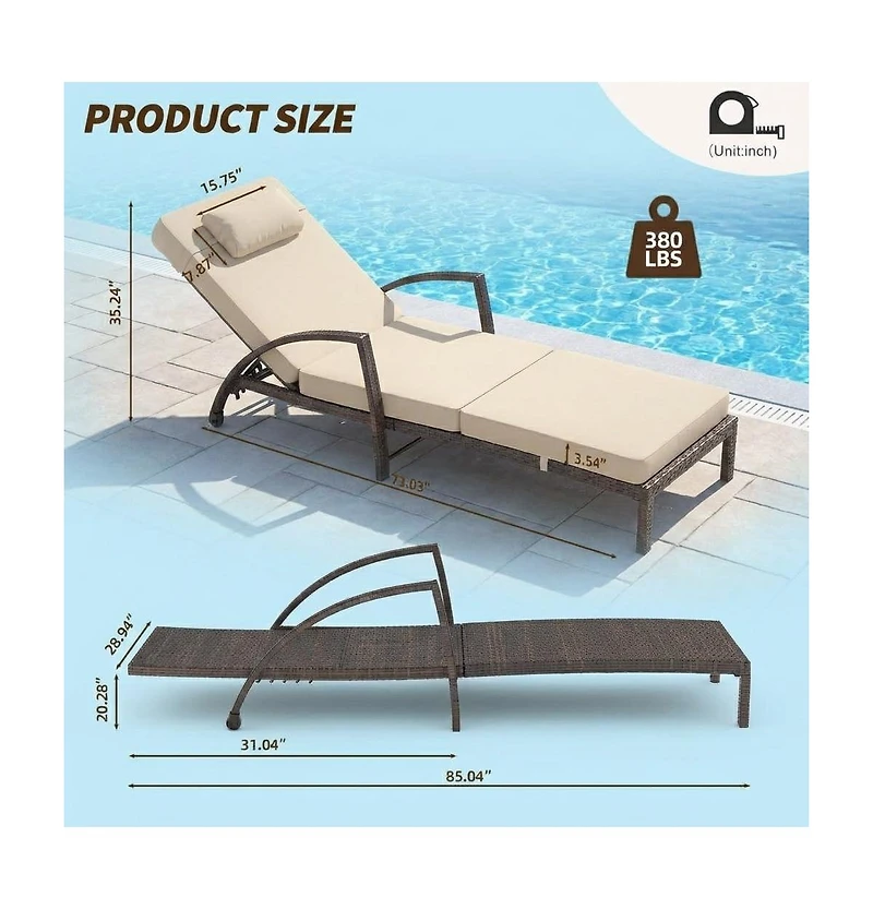 gaomon Outdoor Wicker Chaise Lounge Chair with Cushion, Wicker and Cushion, 2pcs
