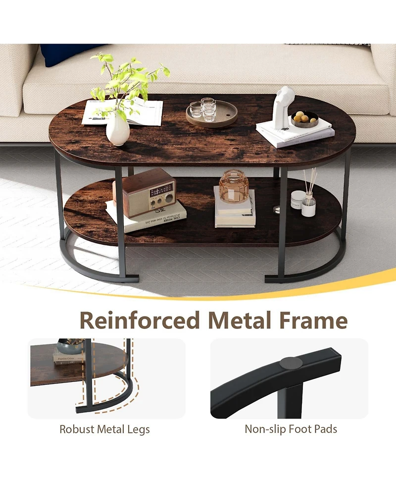 Sugift Oval Two Tier Coffee Table with Open Storage Shelf