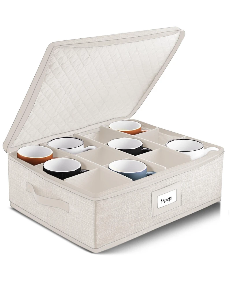 StorageBud Fine China Storage Containers,Coffee Mug Storage and Wine Glass Storage Box with Dividers, Quilted Dish Organizers