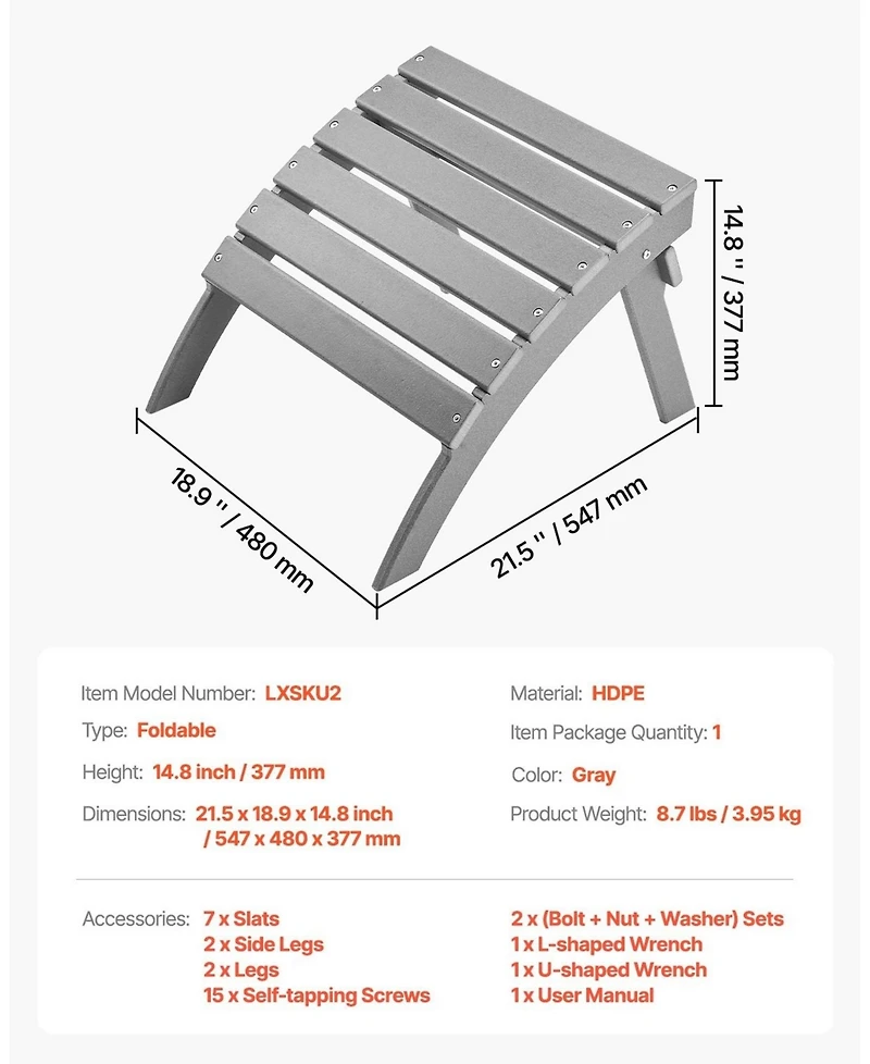Sugift Adirondack Ottoman 21.5L x 18.9W in Hdpe Plastic Weather-Resistant Foldable