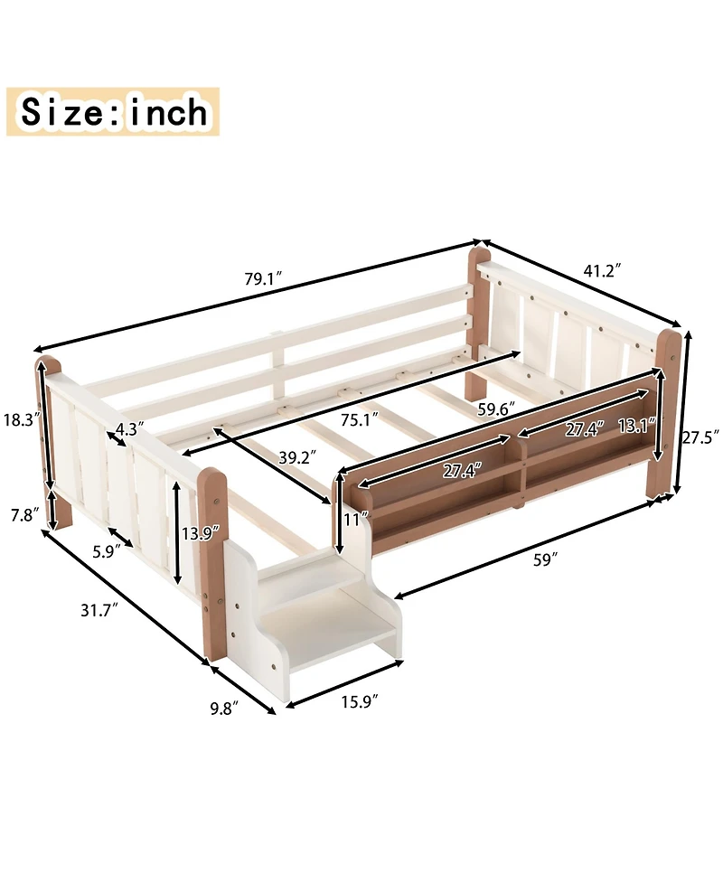 Rainsken Kids Floor Bed Frame with Storage Bookcases and Stairs, Twin Size Solid Wood Low Profile Bed with Guardrails for Boys Girls