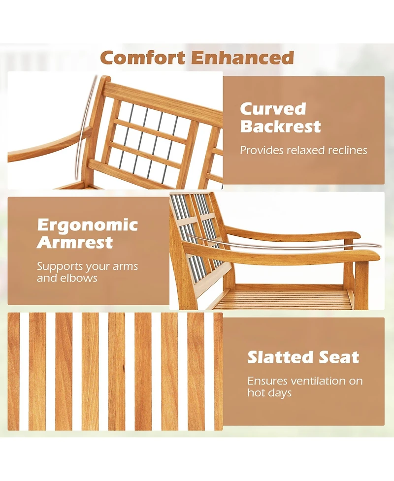 Gymax Outdoor Acacia Wood Bench 2-Person Patio Bench w/ Slatted Seat and Backrest