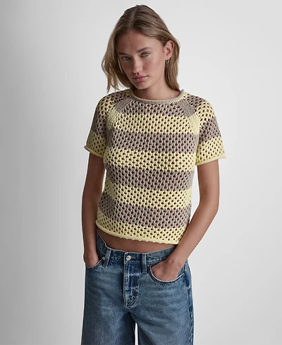 Dkny Jeans Women's Stripe Pointelle Cropped Pull-On Sweater