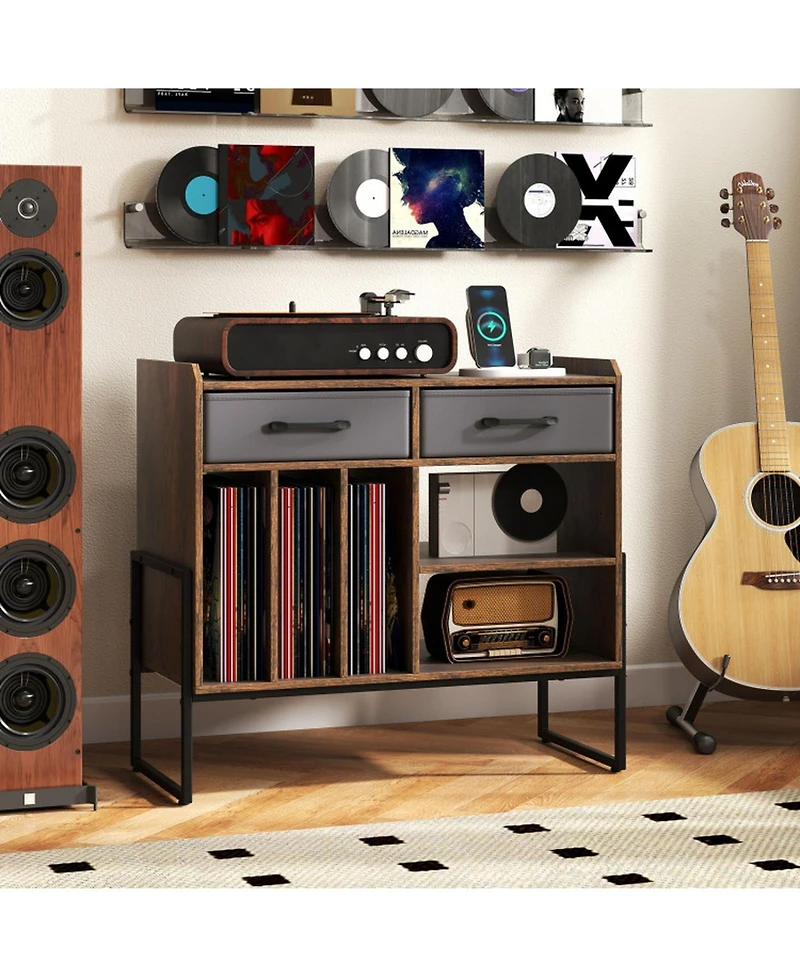 Gouun Mid Century Modern Record Player Stand with Charging Station