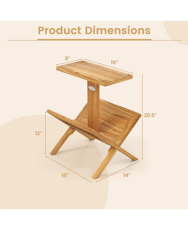 Slickblue Teak Wood 2-Tier Side Table with Built-In Magazine Rack