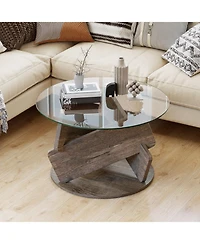 Sugift Round Glass Coffee Table with Tempered Glass Top