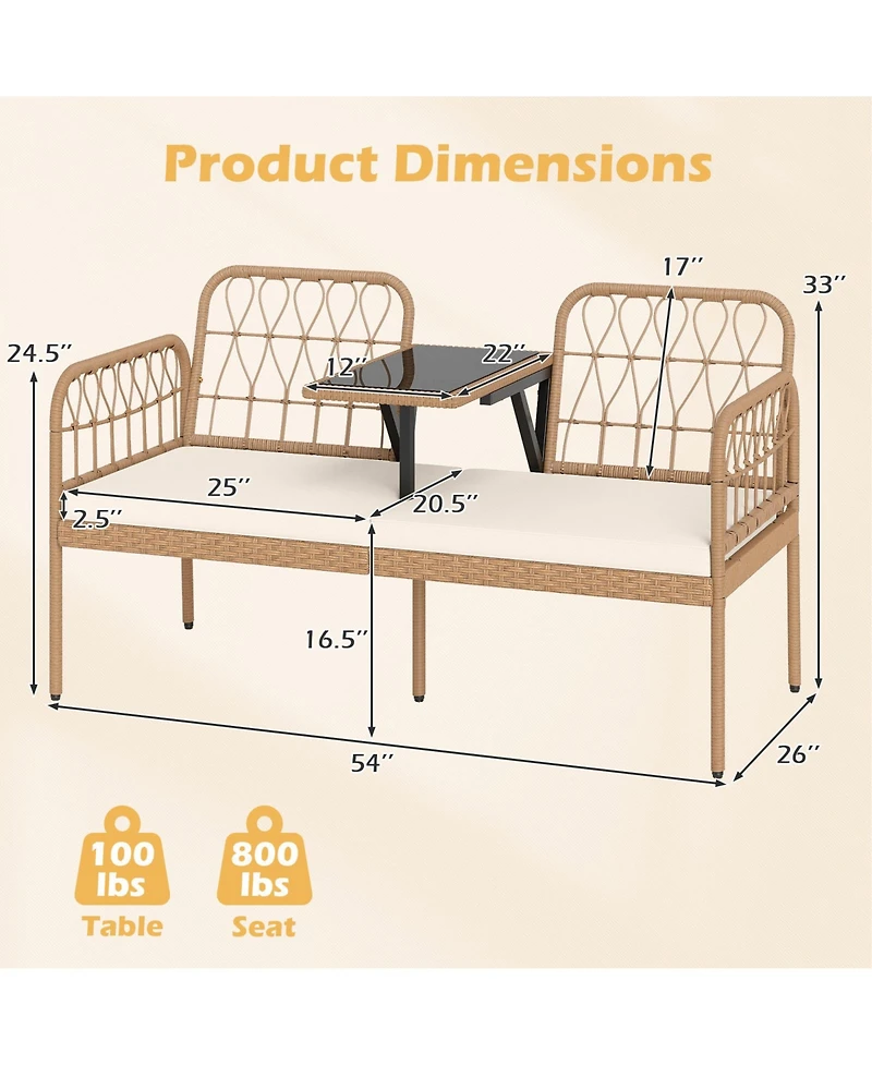 Sugift Outdoor Pe Rattan Loveseat with Built In Table and Cushions