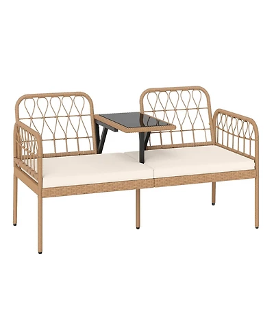Sugift Outdoor Pe Rattan Loveseat with Built In Table and Cushions
