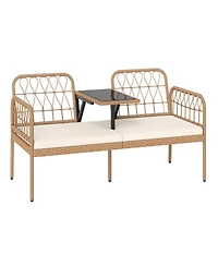 Sugift Outdoor Pe Rattan Loveseat with Built In Table and Cushions