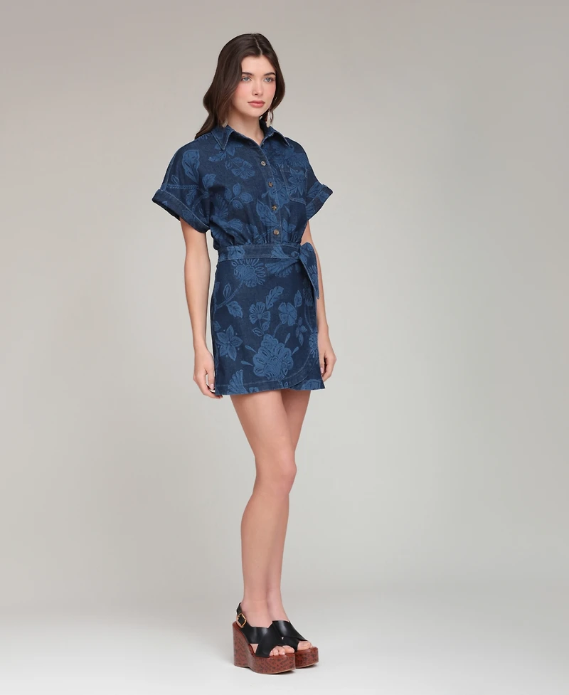 Avec Les Filles Women's Printed Denim Shirt Dress With Wrap Skirt