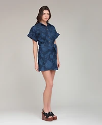 Avec Les Filles Women's Printed Denim Shirt Dress With Wrap Skirt