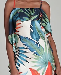 Avec Les Filles Women's Tropical Satin Asymmetric Drape Mini Dress