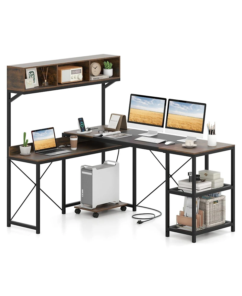 Slickblue 62 Inch Brown L Shaped Desk with Power Outlet and Storage Hutch