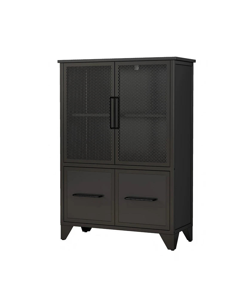 Rainsken Metal Storage Cabinet, Modern Sideboard Buffet Cabinet with 4 Iron Doors and Adjustable Shelf for Living Room and Kitchen