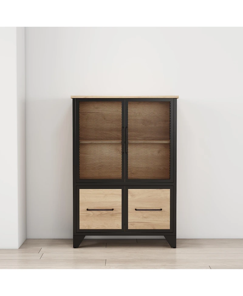 Rainsken Modern Metal Storage Cabinet with 4 Iron Doors and Adjustable Shelves, Multifunctional Sideboard Buffet for Living Room and Kitchen