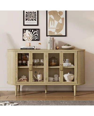 Rainsken Farmhouse Buffet Sideboard with Glass Doors, Adjustable Shelves and Cable Management, Wood Storage Cabinet for Dining Room and Living Room