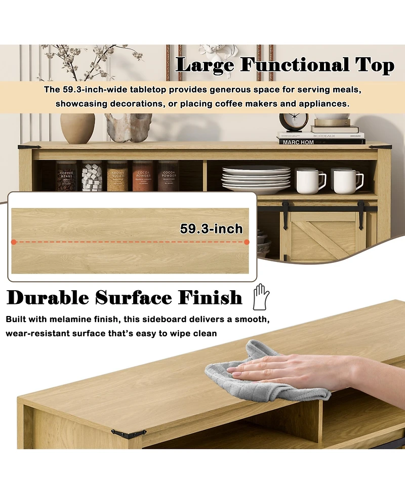 Rainsken Farmhouse Buffet Cabinet with Sliding Barn Doors, Mesh Panels and Open Storage Cubbies for Living Room, Kitchen and Dining Room