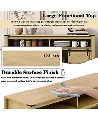 Rainsken Farmhouse Buffet Cabinet with Sliding Barn Doors, Mesh Panels and Open Storage Cubbies for Living Room, Kitchen and Dining Room