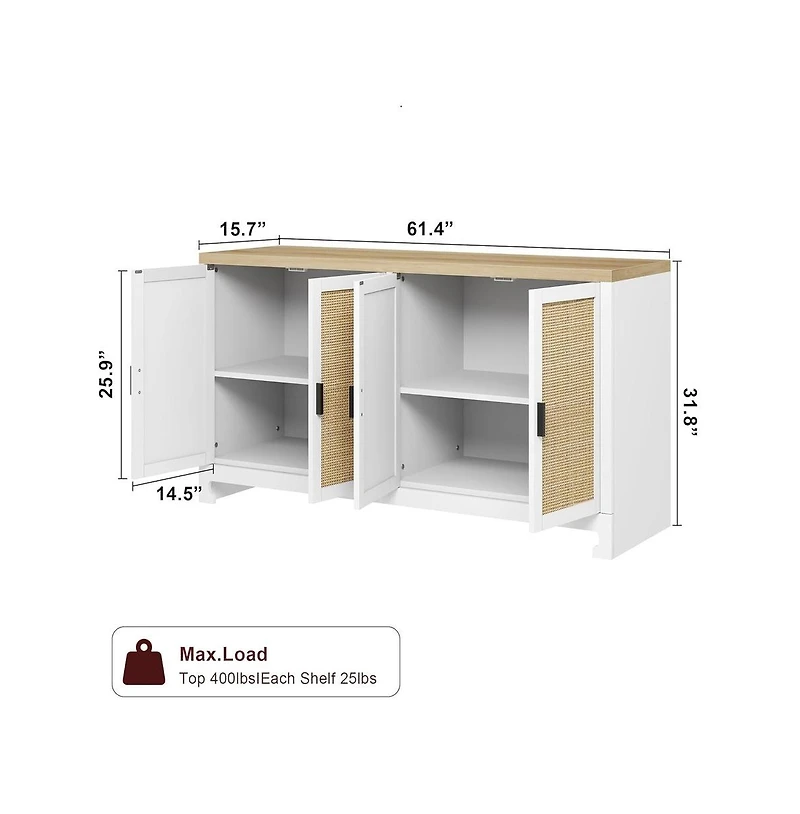 gaomon Farmhouse Rattan Buffet Cabinet with Four Doors and Adjustable Shelves