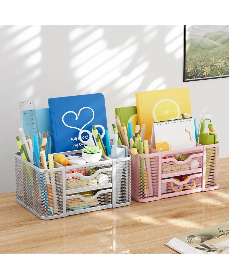 Gnuadz Mesh Desk Organizer Pen Holder 2 Drawer 5 Compartments Office